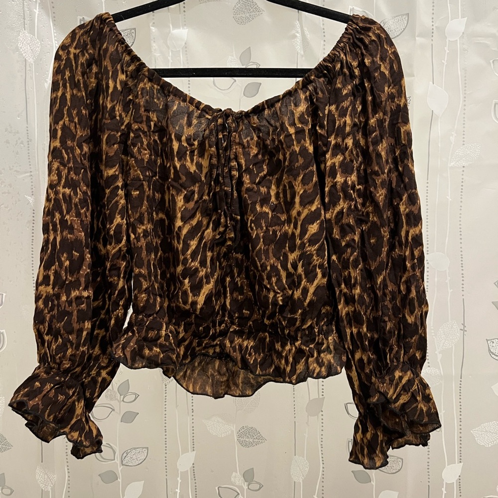 Cheetah off the shoulder long sleeve tie font top from Jen’s Pirates Booty